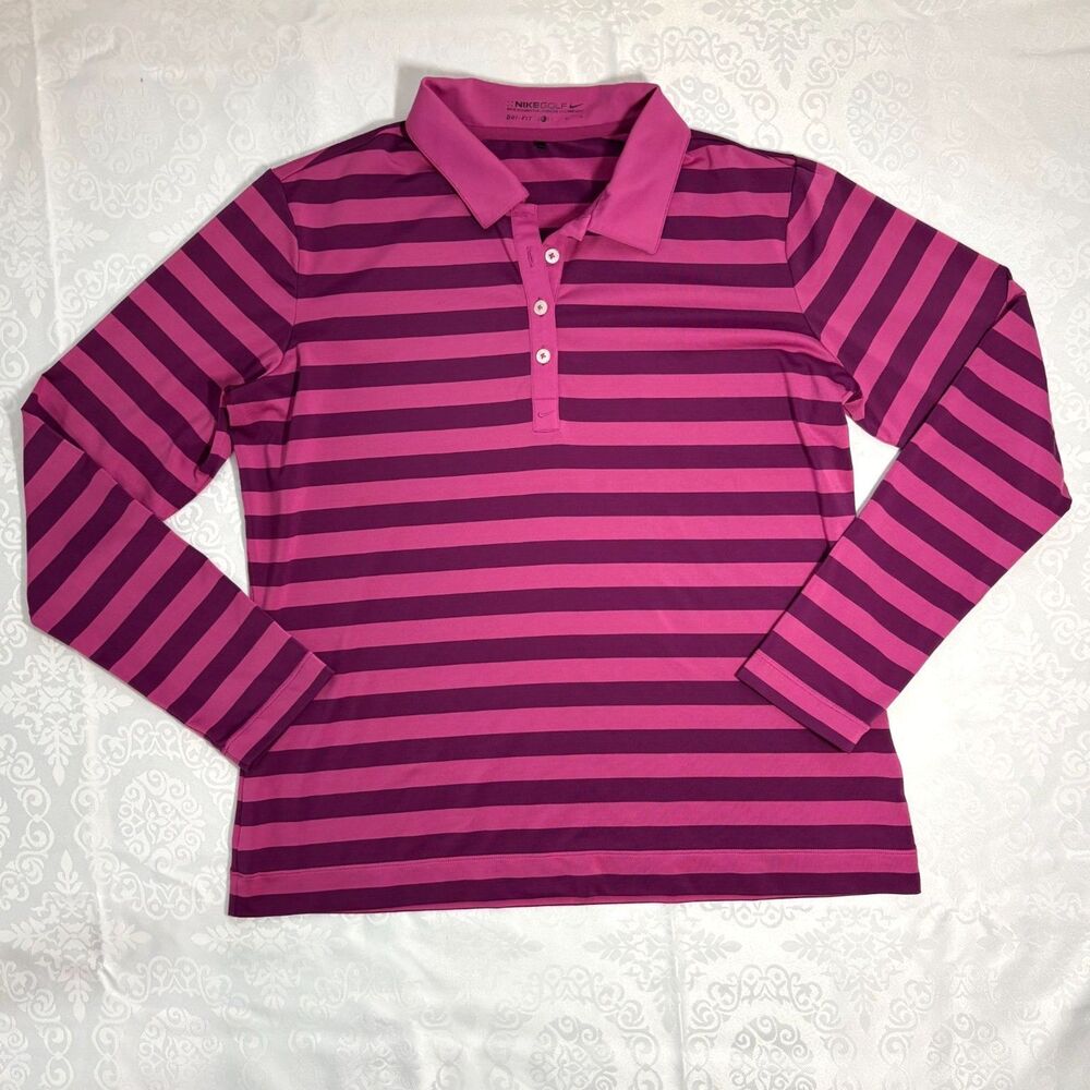 Nike Golf Dri Fit Top Polo Button Up Long Sleeve Athletic Pink Stripes Large